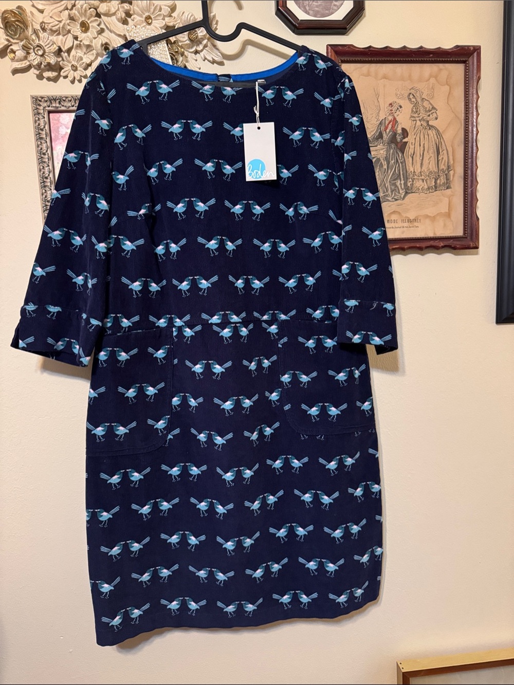 Boden Navy Corduroy Midi Dress with Blue Bird Print